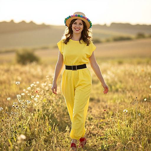 Photograph of a smiling woman in a yellow jumpsuit, black belt, colorful flower hat, and red shoes, walking through a sunlit, golden