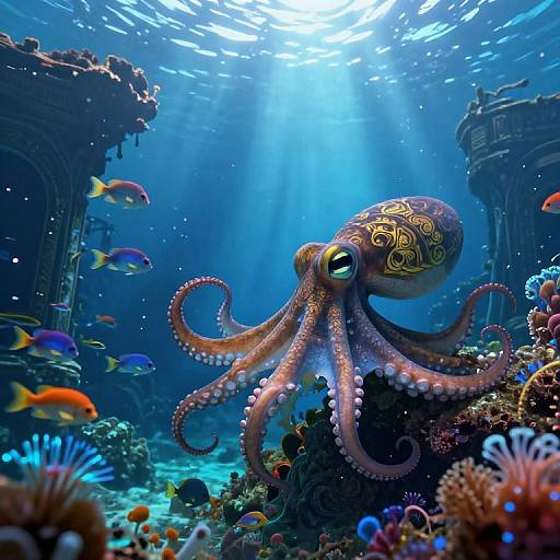 Photograph of a vibrant underwater scene with a large, patterned octopus, colorful fish, and coral, illuminated by sunlight filtering through the water.