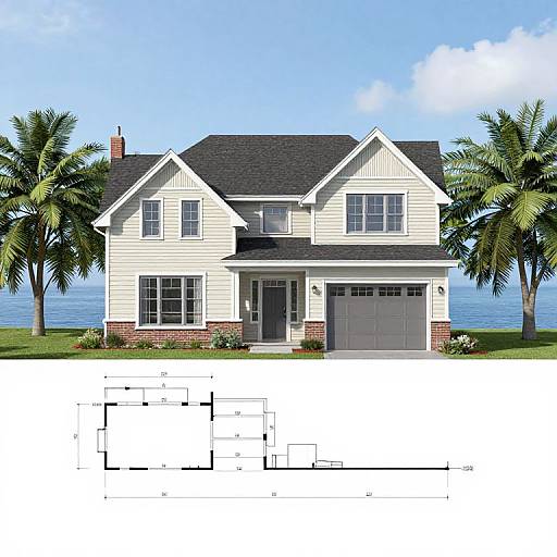 Photograph of a two-story suburban house with white siding, dark roof, palm trees, and garage, accompanied by a detailed floor plan.