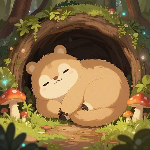 Cute, chubby, tan bear sleeping at forest cave entrance, surrounded by glowing mushrooms, fairy lights, and greenery in digital illustration.