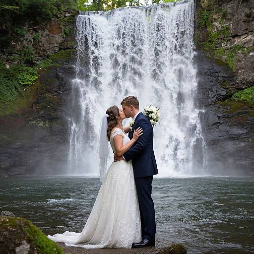 Photograph of a bride in a white lace dress and groom in a dark suit kissing by a cascading waterfall.
