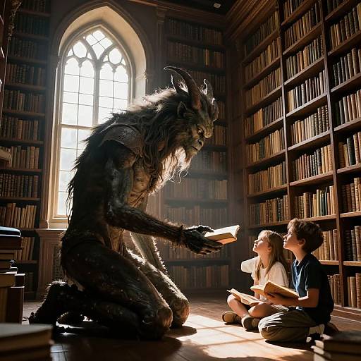 Photorealistic CGI: A towering, furry werewolf with horns kneels before two young, wide-eyed children sitting on the floor in a sunlit