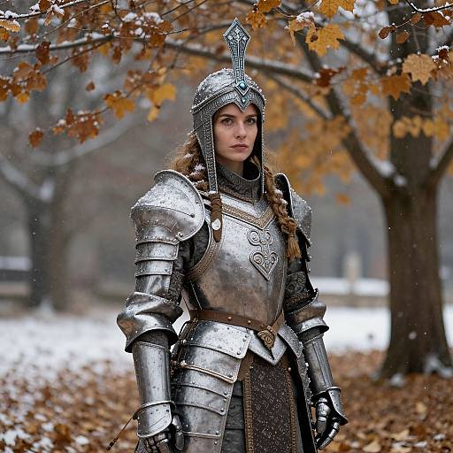 Photograph of a young woman with long brown hair in medieval silver armor, standing in a snowy autumn forest with yellow leaves.