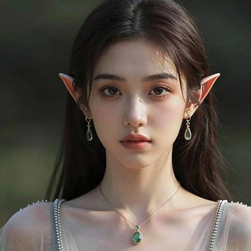 Digital portrait of an ethereal, young Asian woman with long black hair, pointed elf ears, green teardrop earrings, and necklace, set against