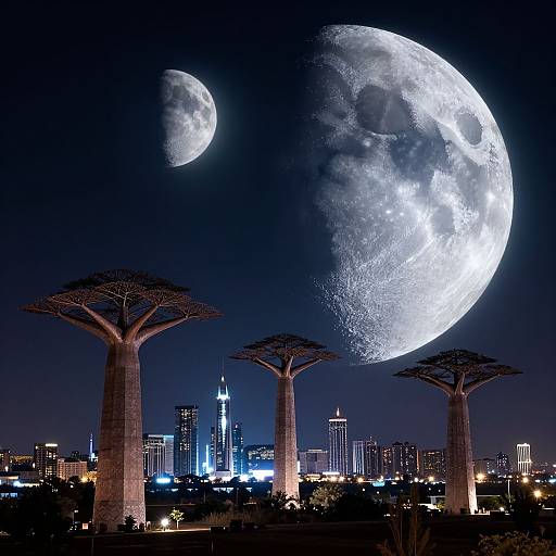 Photograph of a night cityscape with three towering, umbrella-like trees, a glowing full moon, and a smaller moon in the dark sky above a