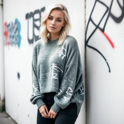 Young Woman in Oversized Sweater Against Graffiti Wall