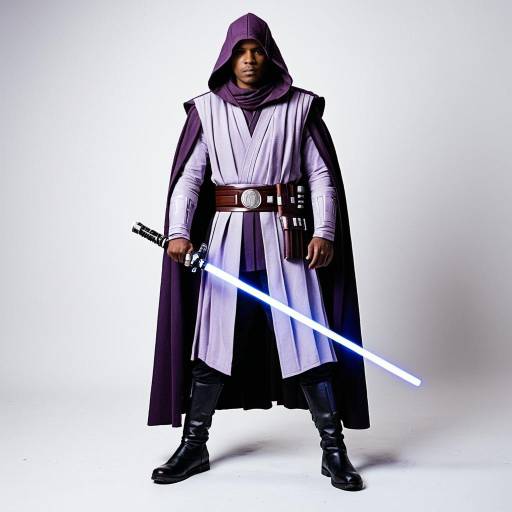 Man in Mace Windu Costume with Lightsaber