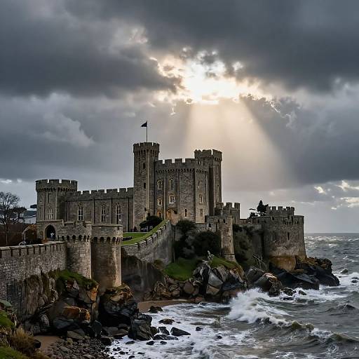 Photograph of a dramatic, stormy sky over a medieval stone castle with crenellated towers, situated on rocky cliffs beside crashing waves. Sun