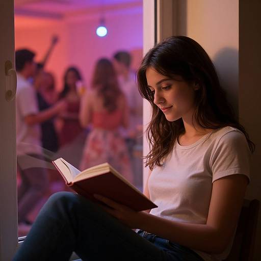 Photograph of a young woman with long dark hair, wearing a white t-shirt, reading a book in a dimly lit room, with a blurred