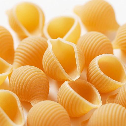 Close-up photograph of numerous orange, ridged pasta shells with a bright white background, highlighting their textured, spiral shapes.