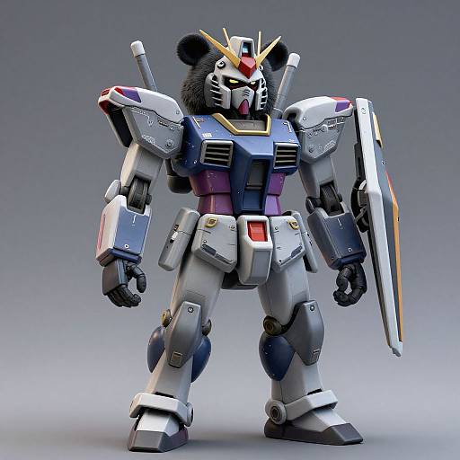 Digital CGI of a robotic mecha with a bear's head, white armor, blue and purple chest, holding a shield, and a sword. Gray