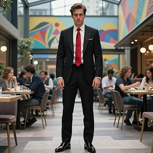 Photograph of a young man in a black suit, white shirt, and red tie, standing confidently in a colorful, modern café with seated patrons in