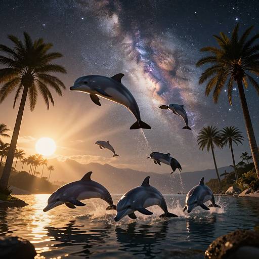 Photorealistic digital artwork of dolphins leaping out of a twilight ocean, surrounded by palm trees, with a starry, Milky Way-filled sky and