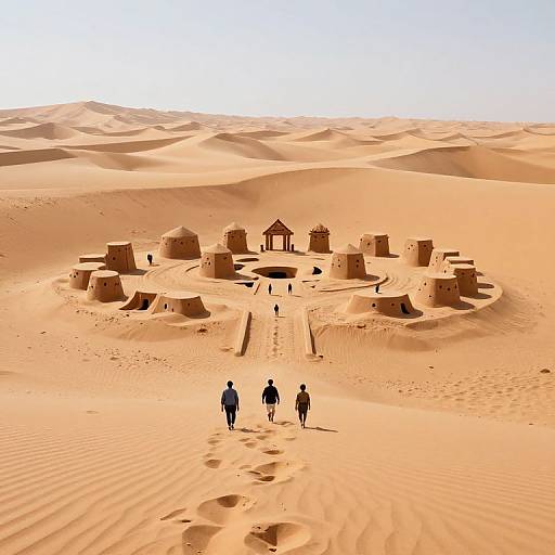 Photograph of three silhouetted people walking towards an ancient circular earthen structure in a vast, sunlit desert with rippled sand dunes