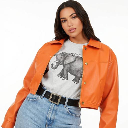Photograph of a confident woman with long black hair, wearing an orange leather jacket, white elephant graphic tee, and high-waisted blue jeans,