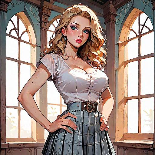 Confident Blonde Woman in Plaid Skirt