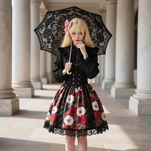 Woman in Gothic Lolita Fashion with Black Lace Parasol