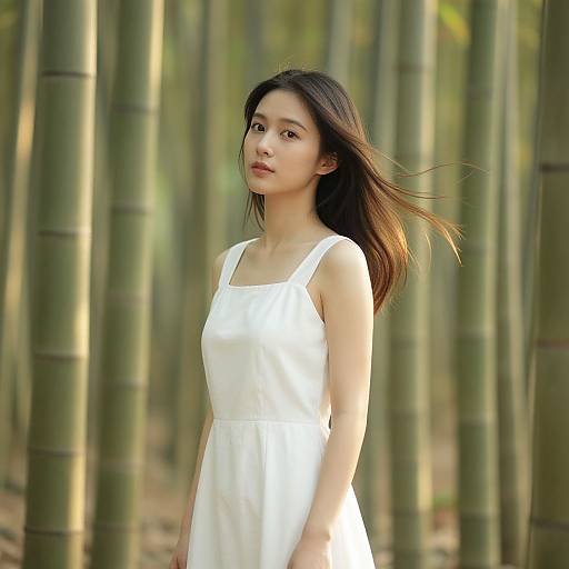 Photograph of an East Asian woman with long black hair, wearing a white sleeveless dress, standing in a bamboo forest. Sunlight filters through bamboo