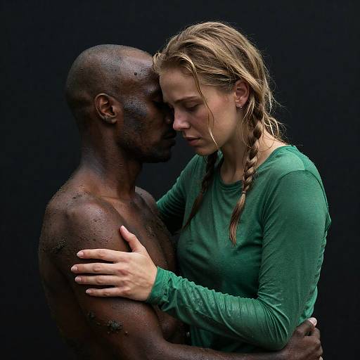 Concerned Blonde Woman with Bald Companion