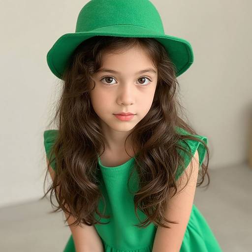 Photograph of a young girl with fair skin, dark wavy hair, and large brown eyes, wearing a green hat and dress, against a plain