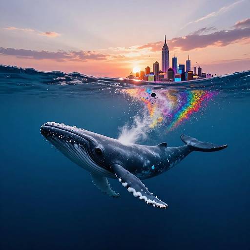 Digital artwork of a humpback whale underwater with a rainbow emanating from its blowhole, against a sunset sky over a city skyline.