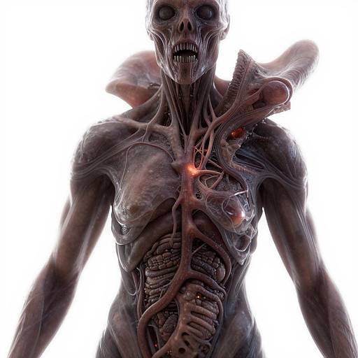Photorealistic CGI of a terrifying, skeletal humanoid with exposed muscles, veins, and glowing red eyes, against a stark white background.