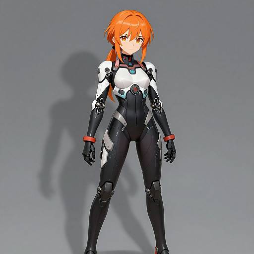 Digital anime-style illustration of a red-haired girl in a black and white futuristic bodysuit with red accents, standing against a gray background, casting a