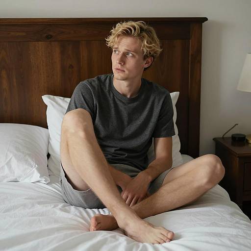 Pensive Young Man Sitting on Bed