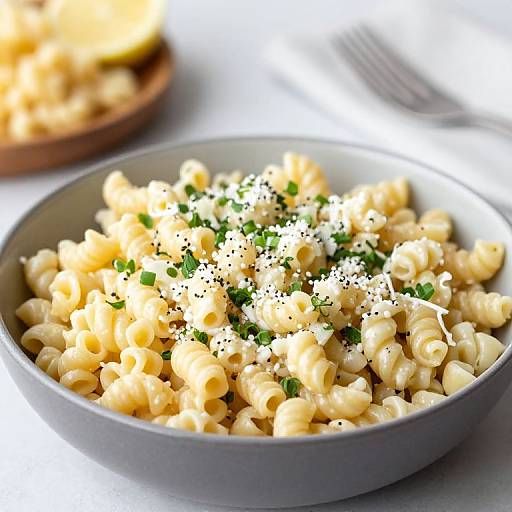 Photograph of creamy, cheesy baked macaroni topped with parsley, black pepper, and grated Parmesan in a gray bowl. Background includes blurred wooden
