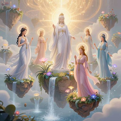 Digital painting of ethereal goddesses in flowing white and pink robes, floating on cloud-like islands with waterfalls and colorful flowers, surrounded by radiant sunlight