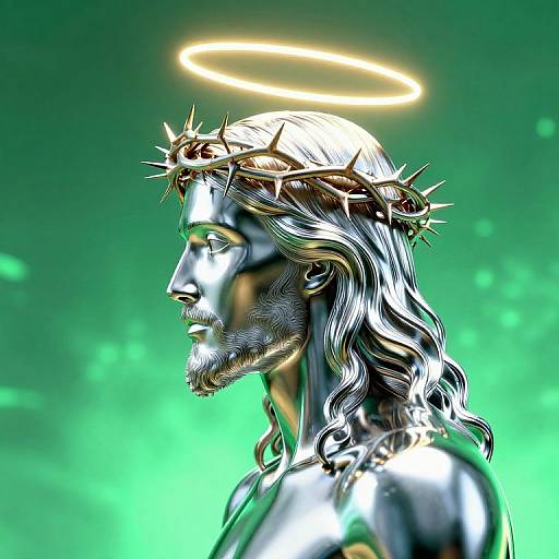 Digital artwork of a metallic, haloed Jesus with a crown of thorns, side profile, against a glowing green background.
