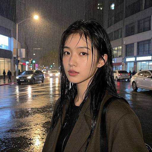 Photograph of an East Asian woman with long, wet black hair in a black shirt, standing in a rainy urban night street. City lights and reflections