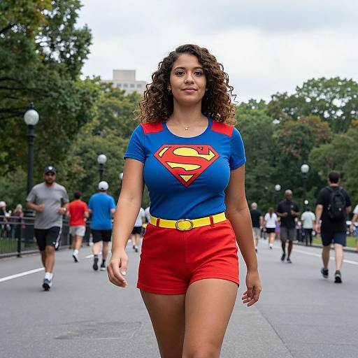 Photograph of a curly-haired woman in a blue Supergirl shirt with red shorts and yellow belt, walking on a park path with blurred joggers