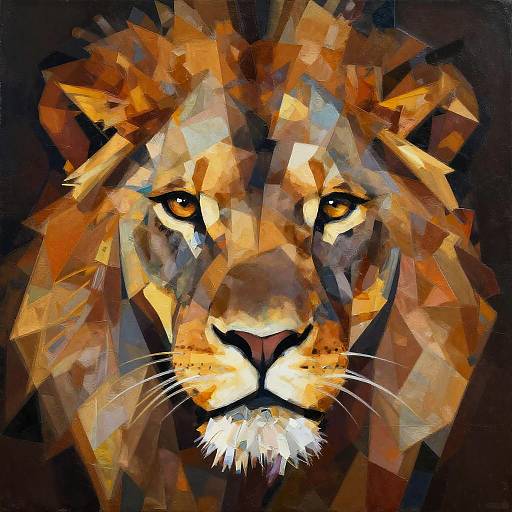 Digital polygonal painting of a lion's face with vibrant orange, brown, and yellow geometric shapes, intense amber eyes, and a dark background.