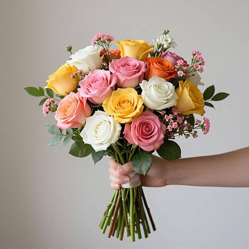 Photograph of a hand holding a vibrant bouquet of roses in white, pink, yellow, and orange, with small pink flowers and green leaves, against