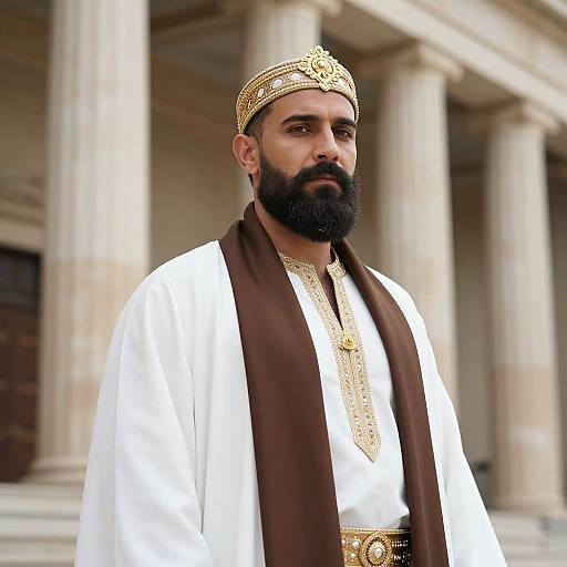 Photograph of a bearded man with medium-dark skin, wearing a gold headpiece, white robe, brown scarf, and gold necklace, standing before
