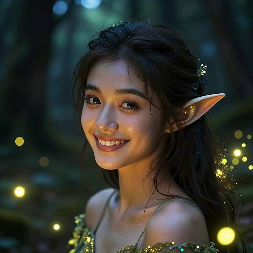 Digital artwork of a smiling, dark-haired elf woman with pointed ears, glowing light particles around her, in a forest at dusk.