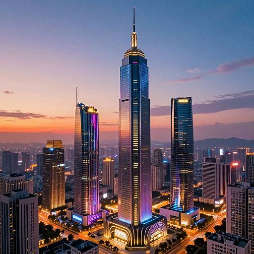 Photograph of a vibrant cityscape at dusk, featuring illuminated skyscrapers with blue, purple, and yellow lights, set against a colorful sunset sky
