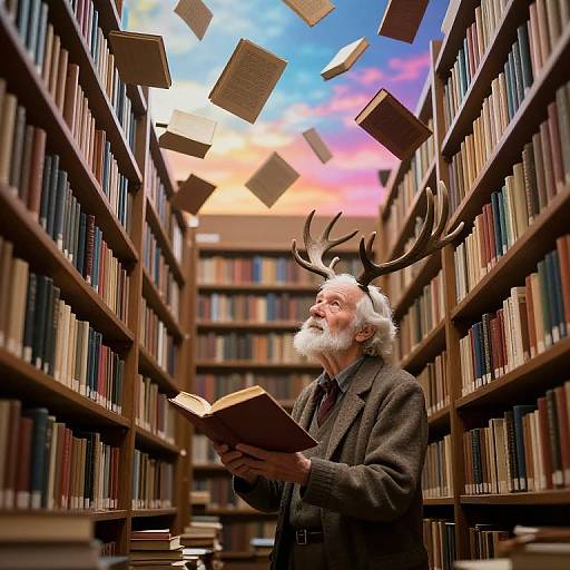 Photograph of an elderly man with white beard and antlers, wearing a brown suit, reading books in a library with floating books. Sky has pink