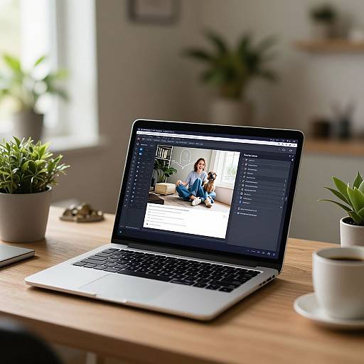 Photograph of a silver laptop on a wooden table, displaying a video call with a smiling woman in a blue shirt. Potted plants, a coffee