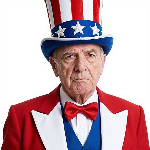 Photograph of elderly white man with stern expression, wearing tall red, white, and blue top hat, red jacket, white lapels, blue vest