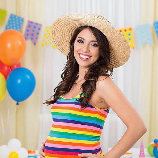 Photograph of a smiling, dark-haired woman in a rainbow-striped tank top and straw hat, standing in a brightly decorated room with colorful balloons and b