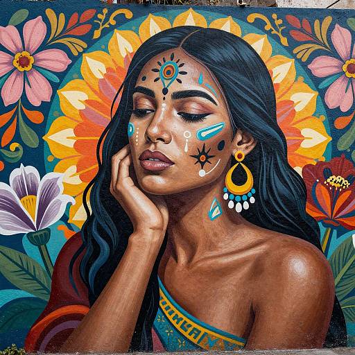 Digital art of a dark-haired woman with colorful facial markings, yellow flower backdrop, orange and pink flowers, golden earrings, and a blue sash.