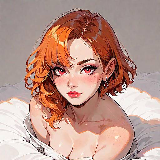 Digital anime-style drawing of a red-haired woman with large pink eyes, freckles, and red lips, partially covered by a white sheet, looking