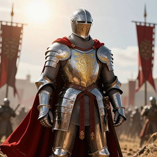 Photorealistic digital artwork of a knight in shiny silver armor with intricate gold designs, red cape, standing confidently in a sunlit, battle-scar