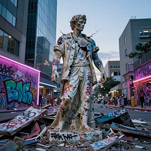 Photograph of a graffiti-covered, classical statue standing amidst urban wreckage, neon-lit buildings, and vibrant street art in the background.