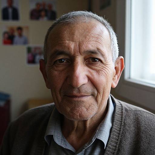 Close-up photograph of an elderly man with wrinkled skin, gray hair, and a slight smile, wearing a gray sweater over a light blue shirt,