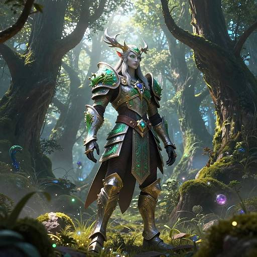 Digital fantasy art of a horned, armored warrior with green accents standing in a luminous, misty forest, surrounded by glowing mushrooms.
