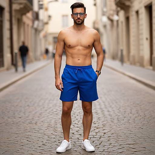 Photograph of a muscular, shirtless man with short dark hair, glasses, blue shorts, and white sneakers, standing on a cobblestone street