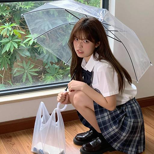 Asian Schoolgirl Indoors with Transparent Umbrella
